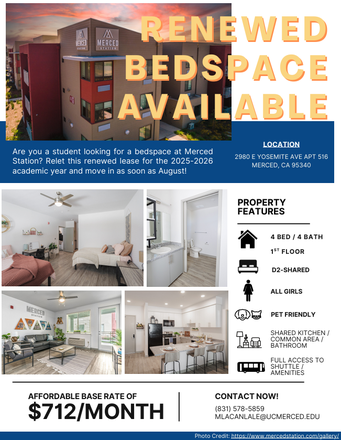 Shared Bedroom, Kitchen, Common Area, Bathroom - Merced Station - Renewed Bedspace