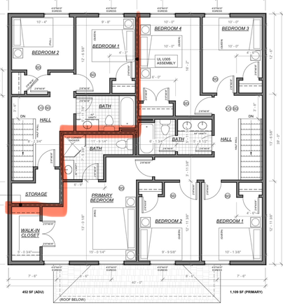 Second floor - red line divides homes - ADU has 2 upstairs bedrooms and one bath. Larger side has 5 bedrooms, 2 bath - New Construction For Rent! Minutes from Campus at Cushman Village Duplex
