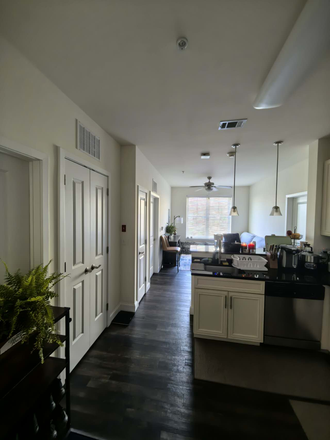 Living room and kitchen - 2 bd with 2 bath, right on campus, beautifully furnished top floor, stylish & quiet at Oaks! Apartments