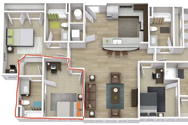 Floor plan with bedroom circled in red - The INDY Apartments
