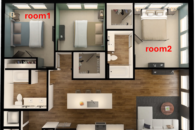 floor plan - Private two rooms in a 3B2B at Alloy Apartments