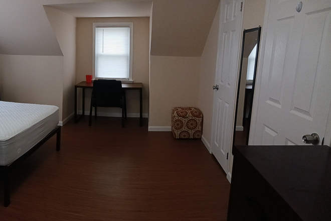 Night stand with lamp, storage cube, desk/table with chair, tall mirror, and large closet. - Short Walk to Hofstra House