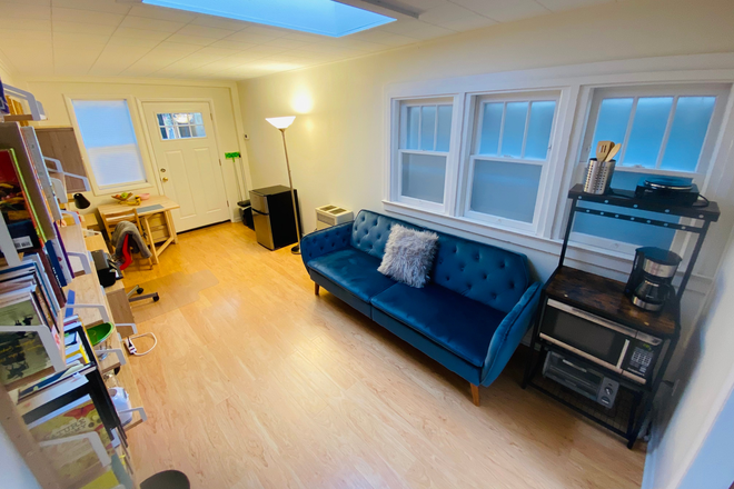 Office with couch - private front entrance shown in picture here - Furnished 2-room apartment for rent connected to family house.