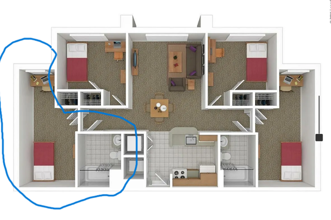Apartment floor plan, room for lease circled with bathroom - South Campus Commons, Building 3