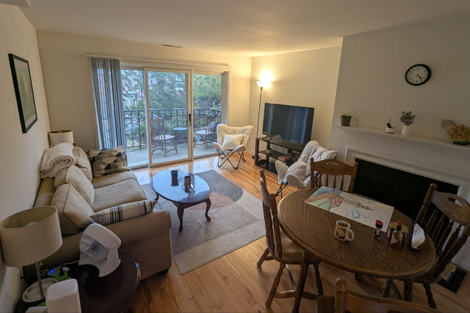 Living Room (incl. couch, chairs, coffee table, TV with stand, and dining table) and Balcony - 1700 Hinman Apartments