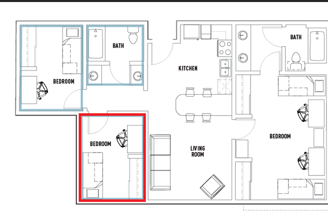 Floorplan - Unit is outlined in red - Vista Del Campo Norte, Private Bedroom Shared Bathroom (3B2B Floor Plan)