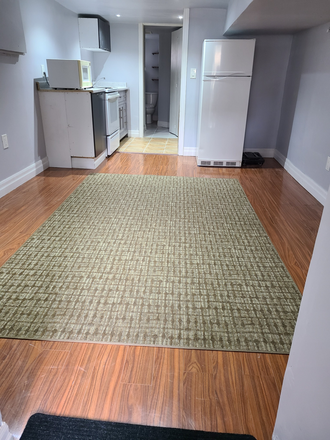 Large living area with kitchen - Leslieville Clean Renovated Basement Studio Apartments
