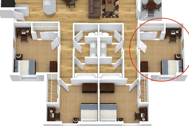 Floor plan for a 4x2 at "The Heights;" bedroom for lease circled. - The Heights of Knoxville Apartments