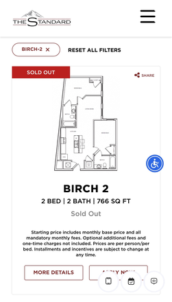 Birch 2 Floor Plan.  Currently SOLD OUT! - ***INCENTIVES***   The Standard Boone Lease Takeover –Lease 1 BDR in a 2 BDR unit.  WALK TO CAMPUS Apartments