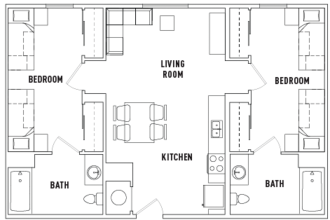 Unit Floor Plan -- you'd occupy one bedroom/bathroom - Plaza Verde II, Floor Plan E, no roommate currently