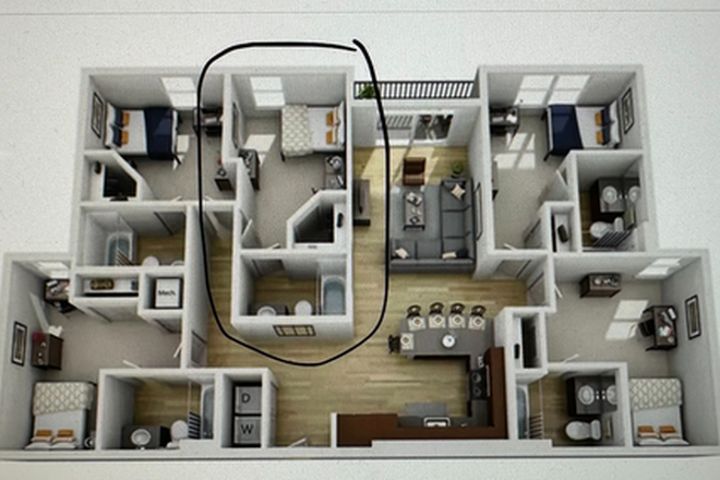 Layout picture - my available room is circled in black; other open room is bottom left room in photo - The Tenn - 2 bedrooms open in a 5 BR layout Apartments