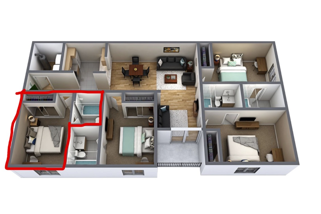 Outlined in Red is the room and bathroom. - Knights Circle UCF Apartments