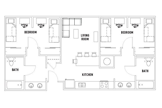 2Bed 2Bath - Plaza Verde 1 2Bed2Bath Floorplan - 1 Shared Bedroom Offer