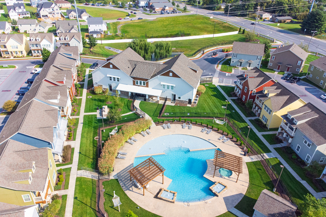 sky view of complex, and pool inside of complex - Cottages on Port Republic Townhome