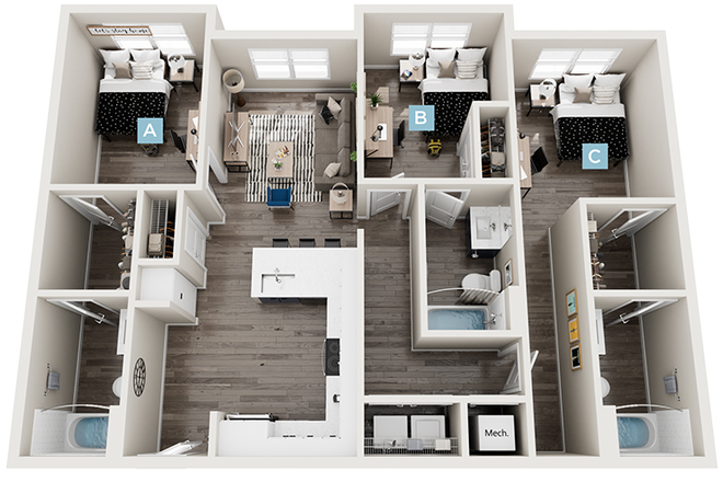 Unit floor plan - The Standard at Four Corners 3x3 apartment lease takeover (female)