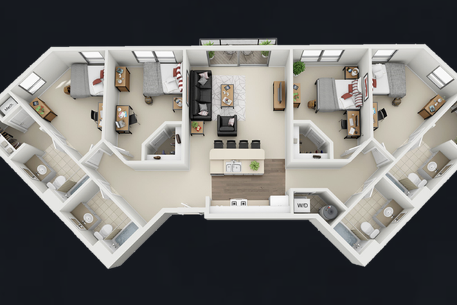 This is the floor plan (Q2). The listed room/bathroom is the one in the top left. - The Province Apartments- Walkable to Campus, Gym in Building, Great Amenities