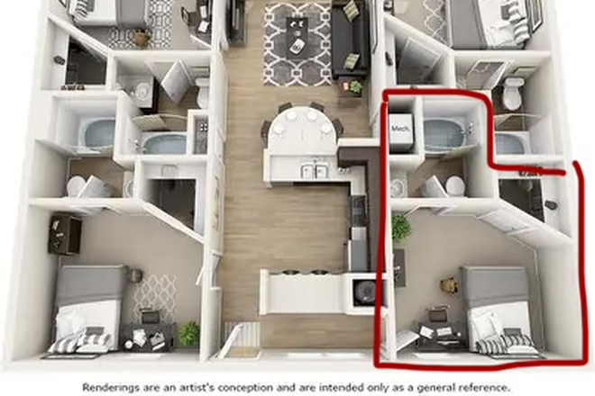Bedroom layout - Lease Takeover at Lux13 – Private Female Bedroom & Bathroom in All-Girls 4x4 Near UF
