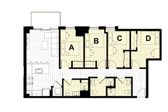 4x3B floor plan – private bedroom with shared kitchen & living area, in-unit washer/dryer, modern furnished unit + balcony - Relet Hub West Lafayette 4x3B – Private Room, Furnished, 1st Month Free, Steps from Campus Apartments