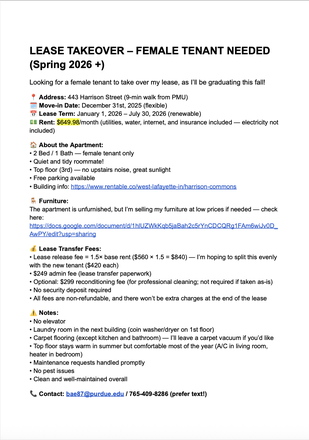 Details!! - Base rent $560 — 9 min walk from PMU! (Female Preferred) (Renewal Available) Apartments