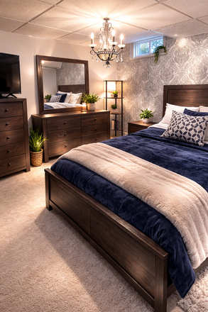 Bedroom with comfy Queen Bed, as well as a desk and TV. - Furnished bright 1BR lower suite with windows throughout and a large kitchen