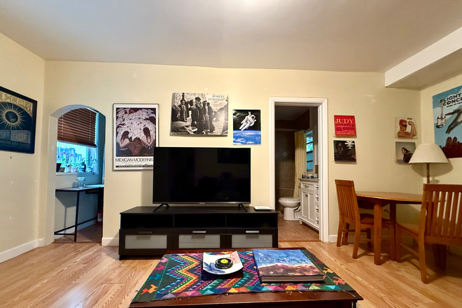 Fully-furnished living room with large TV - One-Bedroom Cottage Ideal for Student or Faculty Apartments