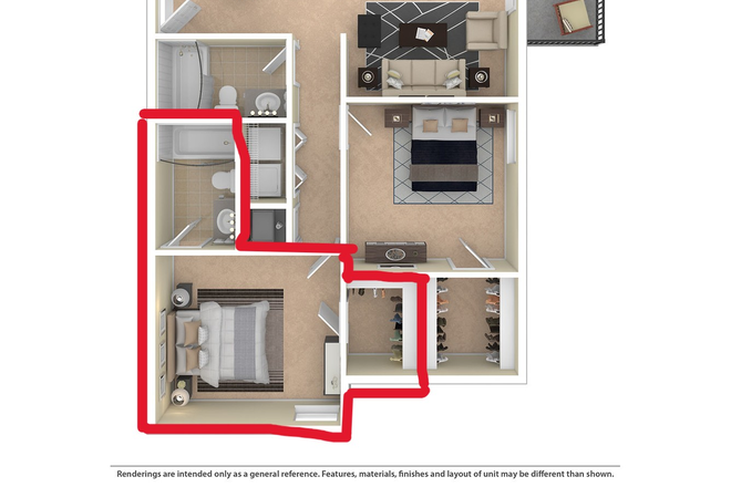rented bedroom circled in red - Salem Courthouse Apartment (1BR/1BA in 2BR/2BA, Shared Housing)