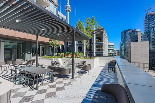 Outside Patio in the condo building with CN Tower View - 🔵 One Bed + Den (2nd Room) 💒 $2450 ❤️ Luxury New Condo Unit Rent 🔵