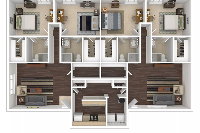 Two bedrooms on each side of the apartments, each with a living room, and a kitchen connecting the two sides of the apartment. - Collegiate Suites apartments