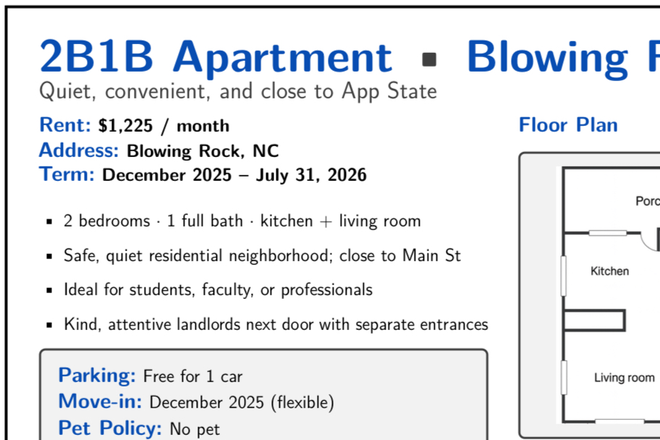 2 Bedrooms 1 Bathroom 1 Kitchen 1 Living Room - 2B1B Apartment at Blowing Rock