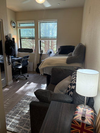 Bedroom and living area - The Suites -Private One Bedroom-1 Bath (bath shared with 1 person)  On Campus at The Suites Apartments