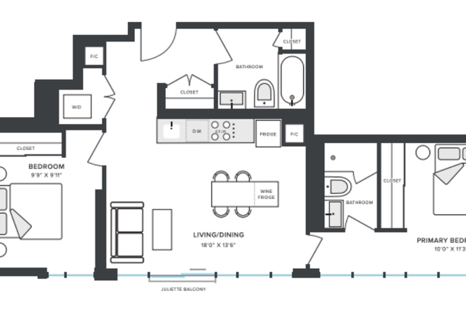 layout of the unit - Fully Furnished Primary Bedroom with a Private Ensuite Bathroom Apartments