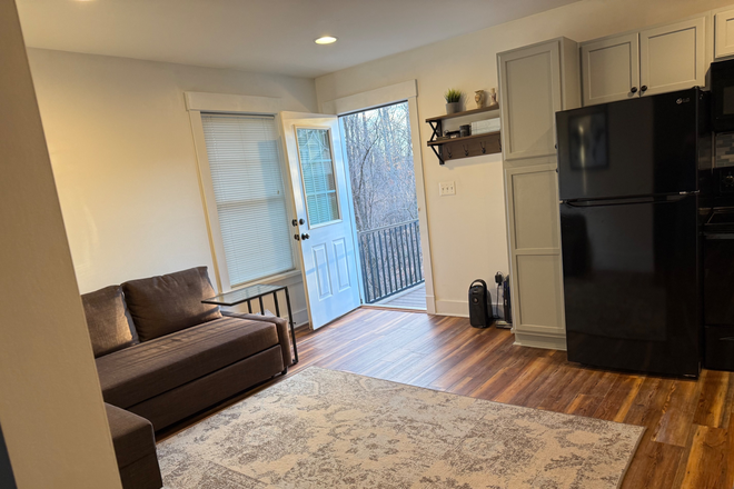 Bright, open living space with large windows and natural light. Storm door allows light and air in - Private Carriage House | All Utilities, W+D, Ting Internet Included | Ideal for UVA Grad/Resident