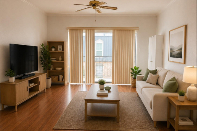 Virtually staged living room with natural lighting. - Top floor & corner private unit w/ elevator, natural light,  pool,  walkin closet, new appliances Condo