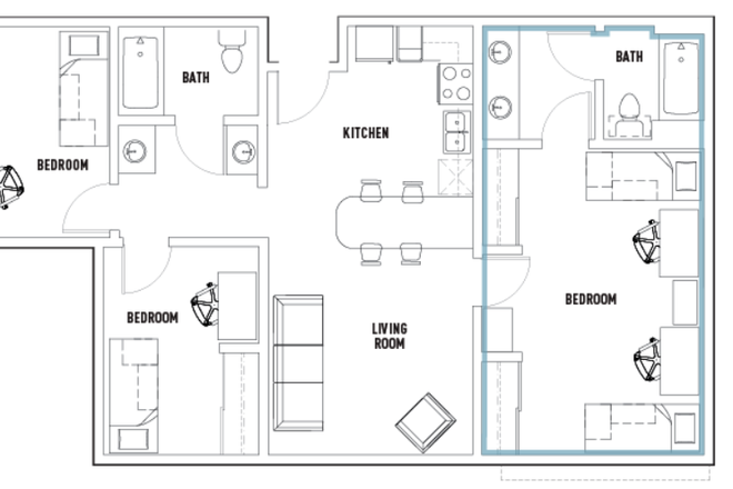 Bedroom & kitchen layout - VDCN: 2 bed 3 bath (shared, 2 roomates) / fall quarter