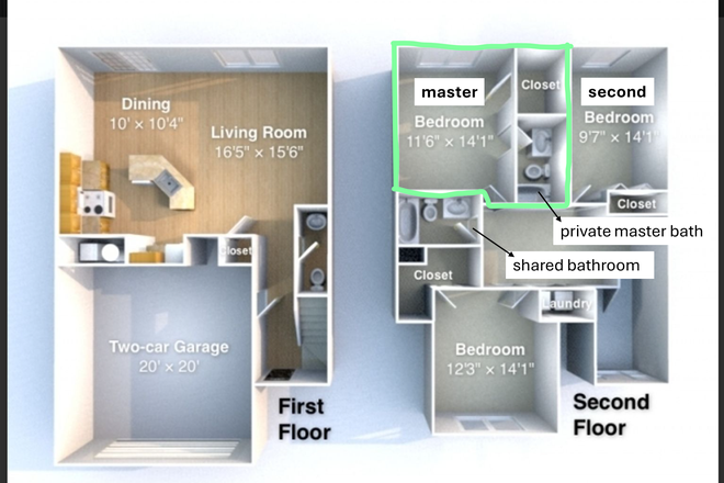 Master bedroom floor plan - Flexible move-in: Master and Private Room Available in 3B/2.5 Bath Jan - July 2026 Townhome