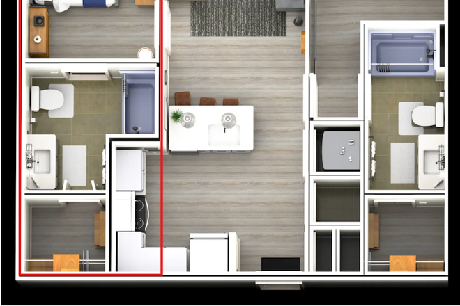 Floorplan of unit, room for lease is highlighted in red. - Flagship Kerns Apartments, Close to Campus