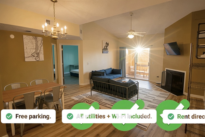 Living room, patio, captions, private patio, dining area - Modern, Furnished 2BR Apt Share Steps from UNCW – Rent Direct from Owner, No Fees, Wi-Fi!