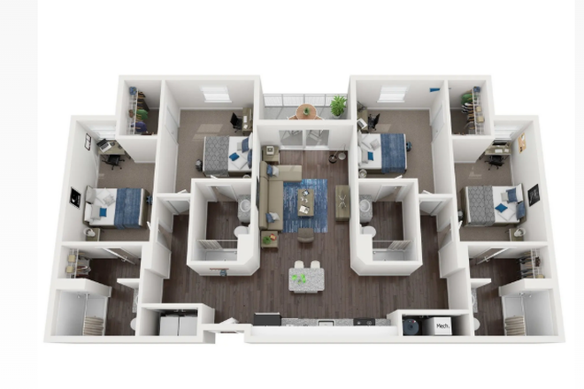 Floor plan of room (far right room is the room offered) - Park West Hillside 4x4 Large Apartments