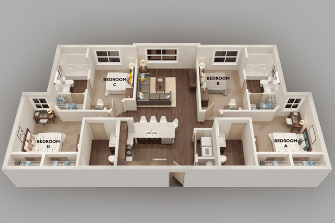 Bed, bath, kitchen, living area - The Hayward Student Living