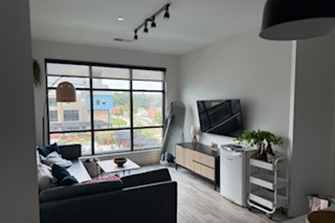 Main apartment space (TV, couch, tables, cabinets, lamp, etc. included) - large kitchen with island behind camera - HUB Blacksburg