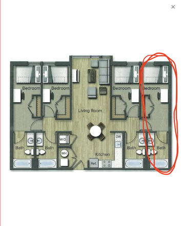 Access to living room and bedroom/bathroom circled in red is being offered. - Terrapin Row, Apt. 3109-D, Floorplan D3, single bed with private bathroom, close to campus