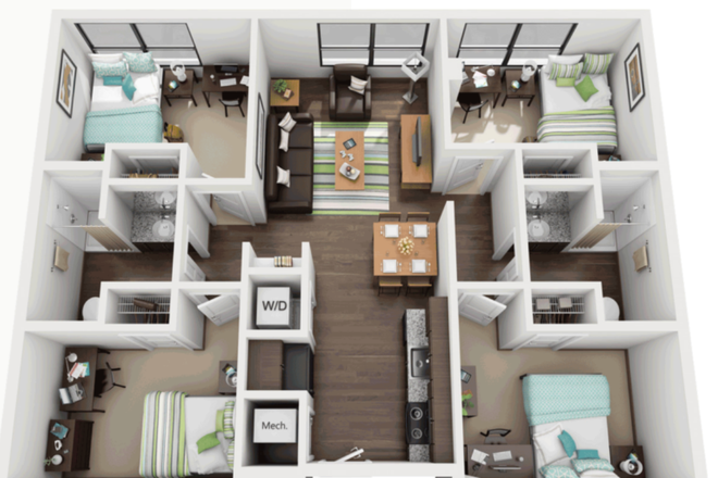 Private room with shared bathroom. All utilities included except electricity. - One12 Off-Campus Apartment, 4 bd 2 ba