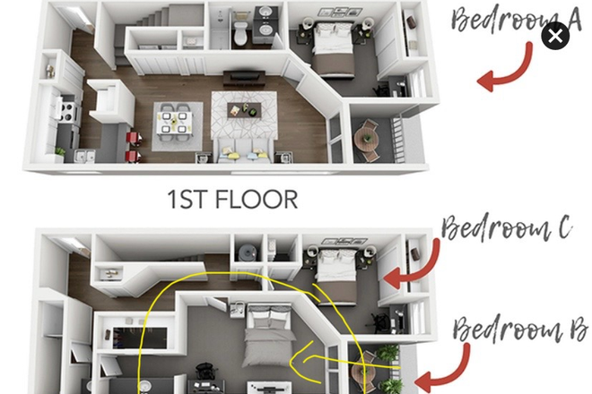 Bedroom B - master bedroom up for lease (circled) - On50 apartments - Sublet