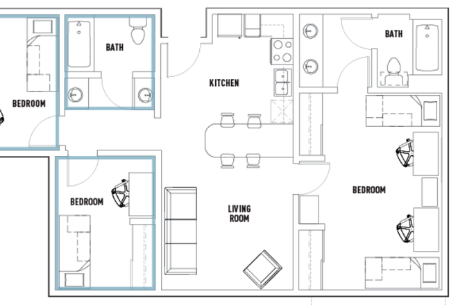 Floor plan. Bedroom for listing is one of the two highlighted in blue - Vista Del Campo Norte