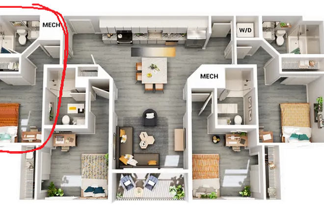 The room marked red is the target - Accolade Collegiate Village West Poolside Room Apartments