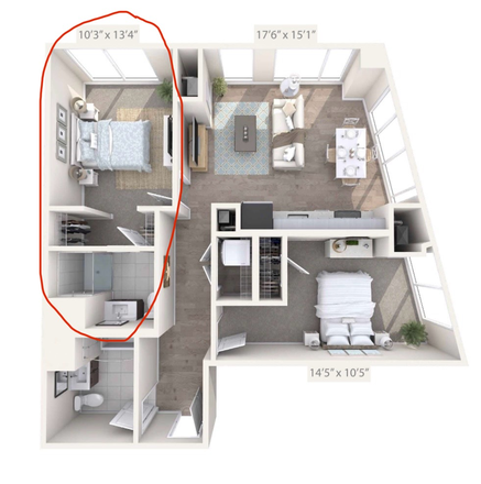 Floorplan - Master bedroom in luxury 2b2b Apartments