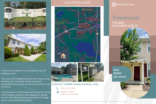 Rental Flier Page 1 - 2 bed/2.5 Townhome in Gated Community (<5 min from Campus)