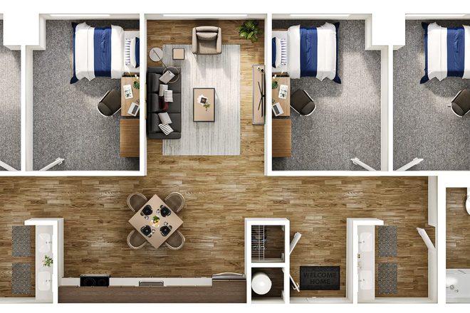 4 bedroom 2 bathroom floor plan (individual room) - The View at Montgomery Apartments