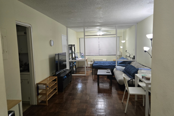 Living room and bedroom divided by a semi-partition - The President Condominium, a pleasant studio only a block away from campus