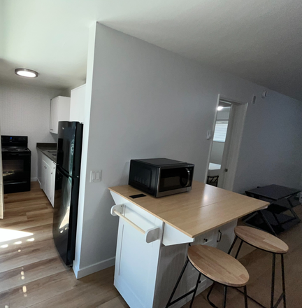 Kitchen, Living Room - Furnished 1-Bedroom 1-Bath Apartment with FREE parking and patio/deck in Prime Location